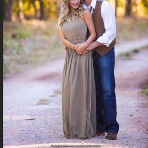 Olive green maxi dress with lace detailing at waist (Size Small)